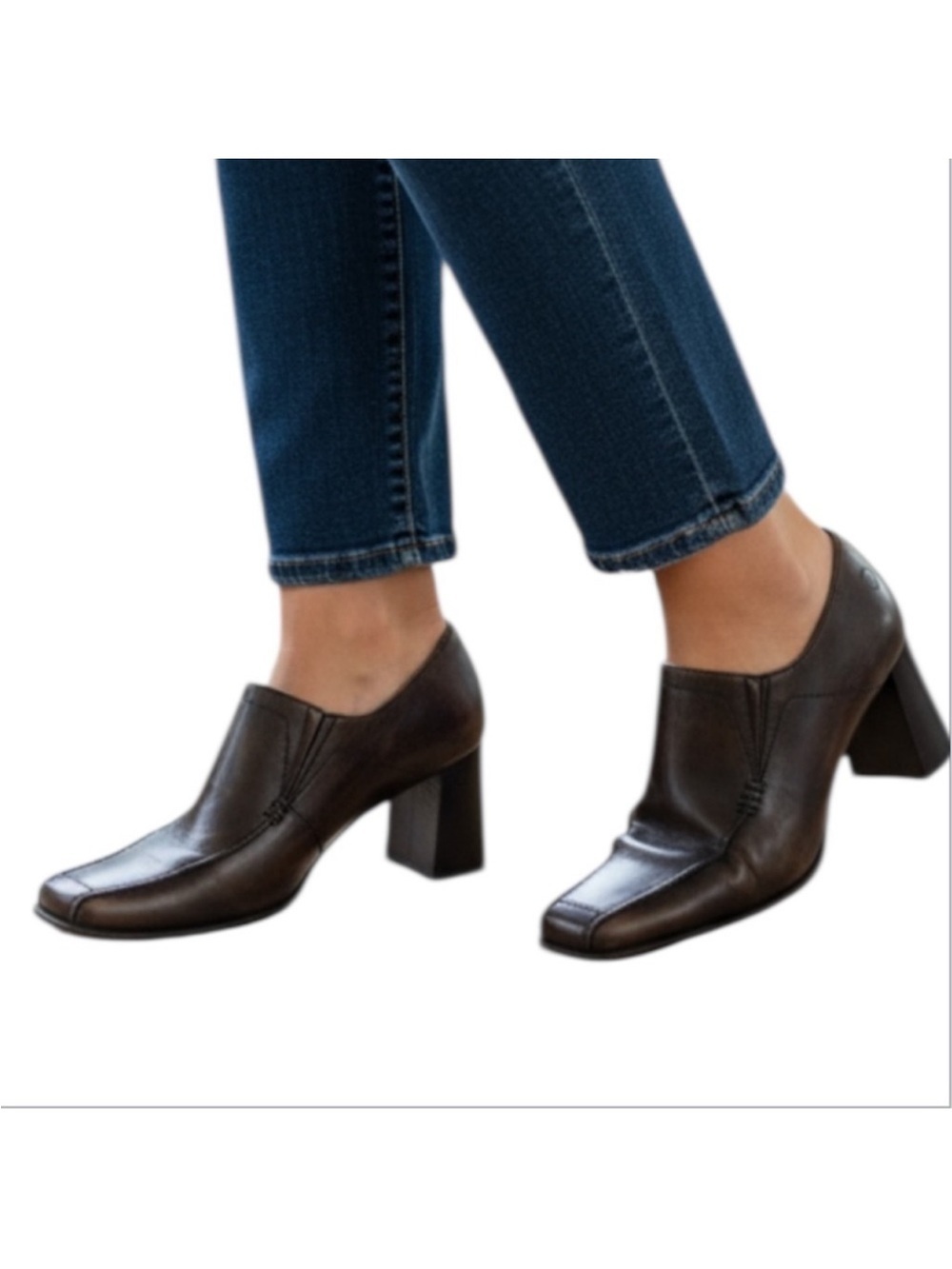 VINTAGE Y2K Square Toe Distressed Look Brown Leather Heels Chunky Rectangular 40